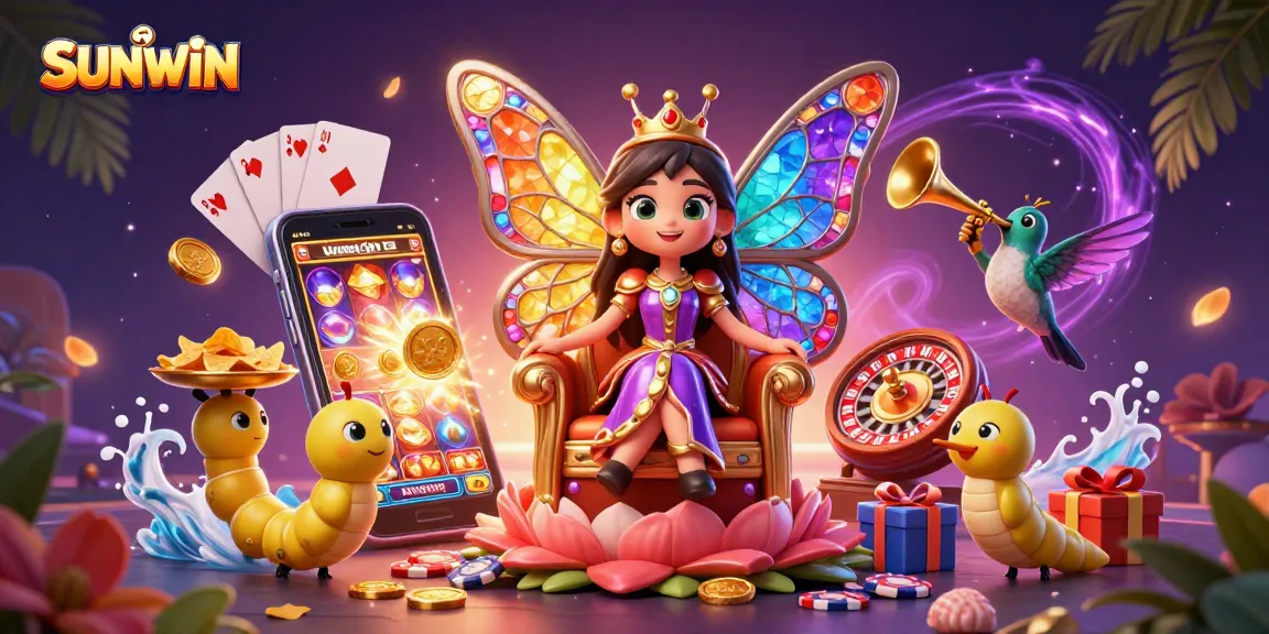 SUNWIN offers vibrant 3D illustrations of exciting casino games with a colorful butterfly queen and engaging gaming elements.