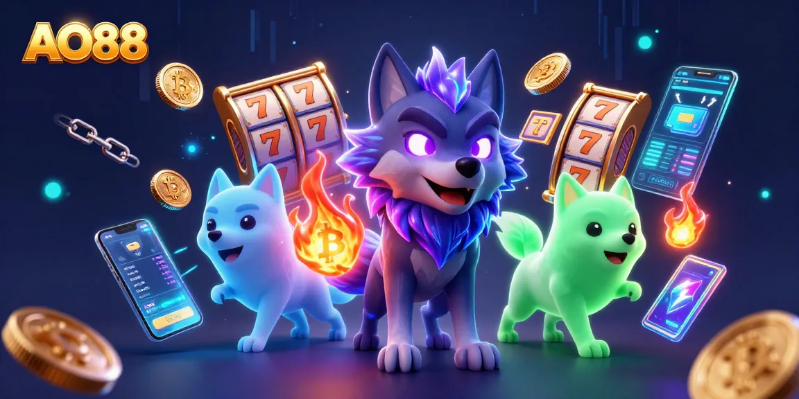 Bet on AO88's exciting slots with ghostly wolves and captivating crypto elements in this thrilling illustration.