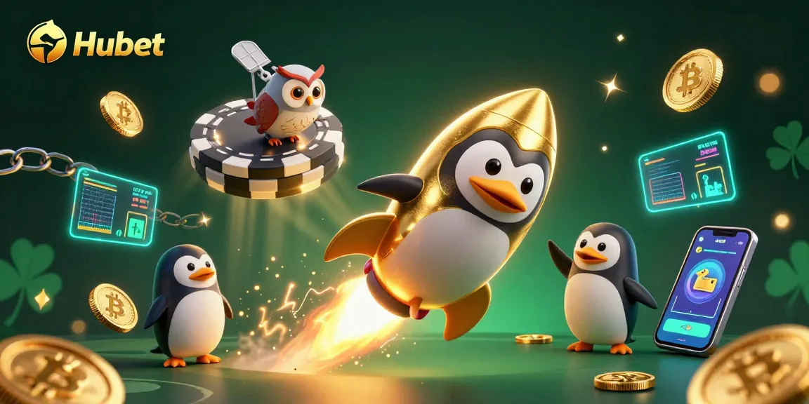 Experience the thrill of Hubet casino with a golden penguin soaring through a vibrant digital landscape.