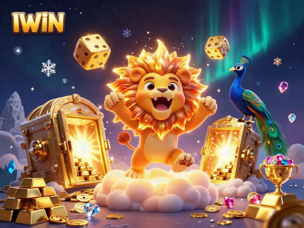 IWIN game scene featuring a roaring lion, golden dice, and a treasure vault bursting with riches.