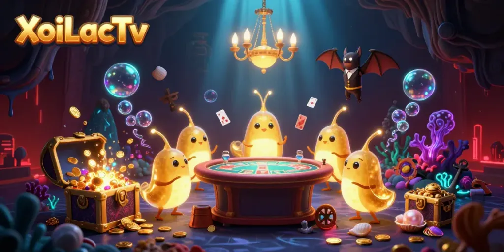 XoiLacTv casino scene illuminating a vibrant underwater cave with colorful elements and a unique dealer setup.
