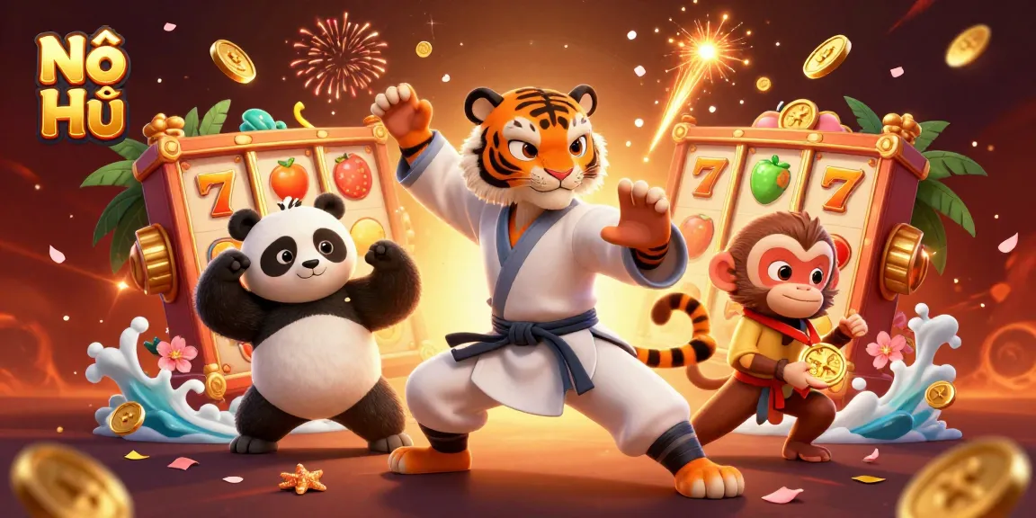 Nổ Hũ slots featuring a playful tiger, panda, and monkey enjoying golden jackpot rewards.