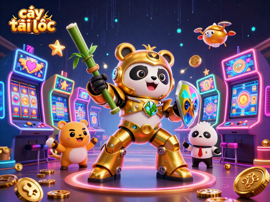 Engage in exciting gameplay with cây tài lộc, showcasing vibrant slot machines and a dynamic arena.