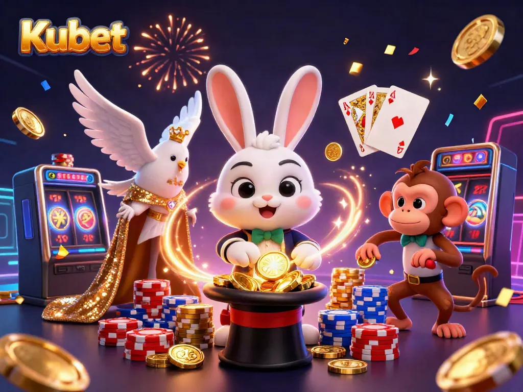 Kubet engages thrill seekers with a vibrant casino scene of magic, coins, and playful characters.