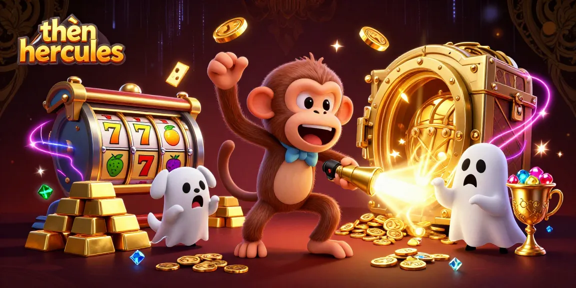 Engage with thrilling slots at thần hercules; a playful poltergeist monkey juggles gold in vibrant casino.