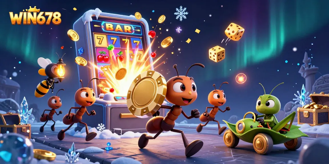 WIN678 ants heist scene amidst vibrant online casino chaos and excitement