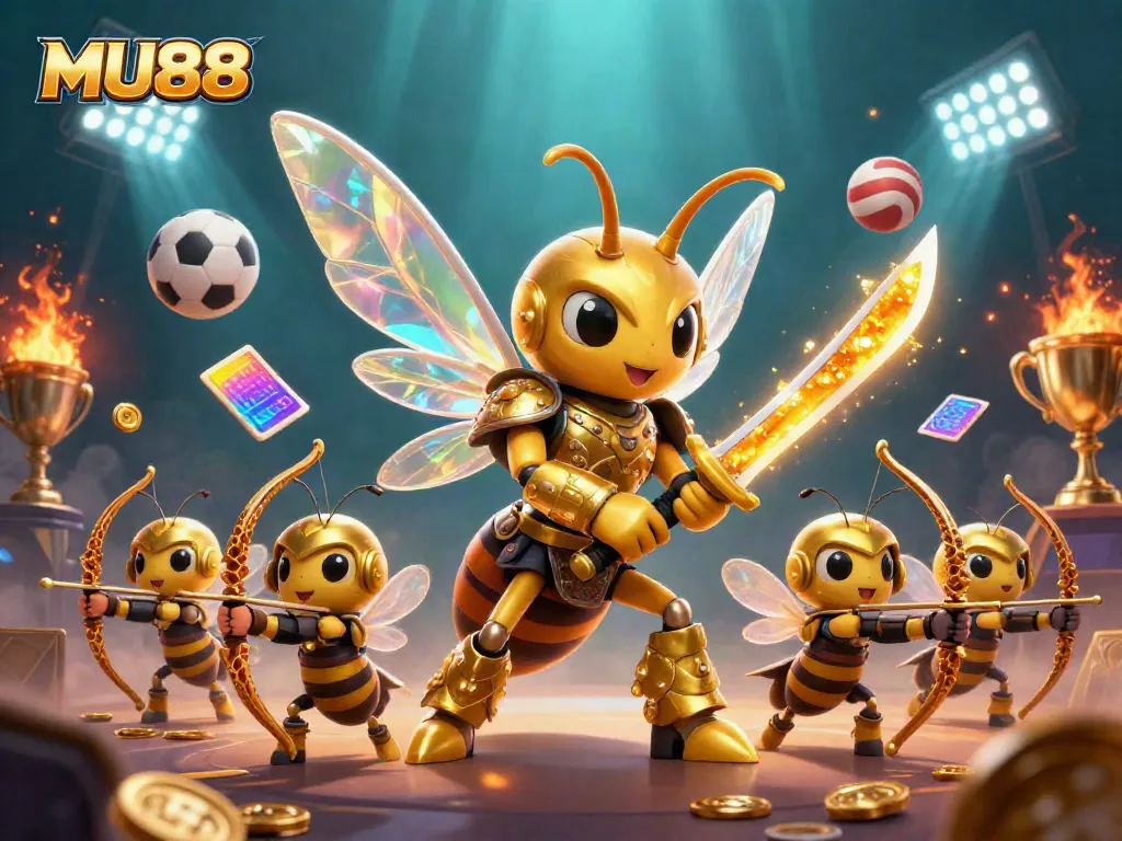 Engage in exciting gameplay with MU88, featuring dynamic golden hornet warriors and vibrant sports elements.