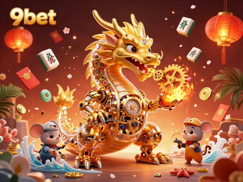 Engage in thrilling gameplay with 9bet's vibrant casino scene featuring a dragon and intricate game elements.