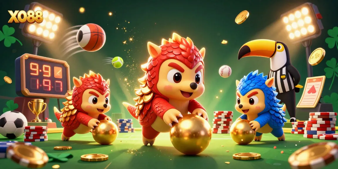 Experience thrilling gaming action at XO88 with vibrant pangolins battling through poker chips.