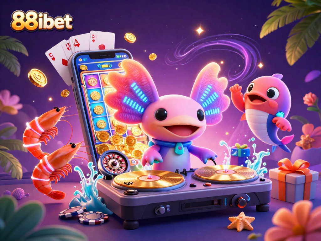 88ibet gambling atmosphere with vibrant characters enjoying slots and games in a tropical setting.