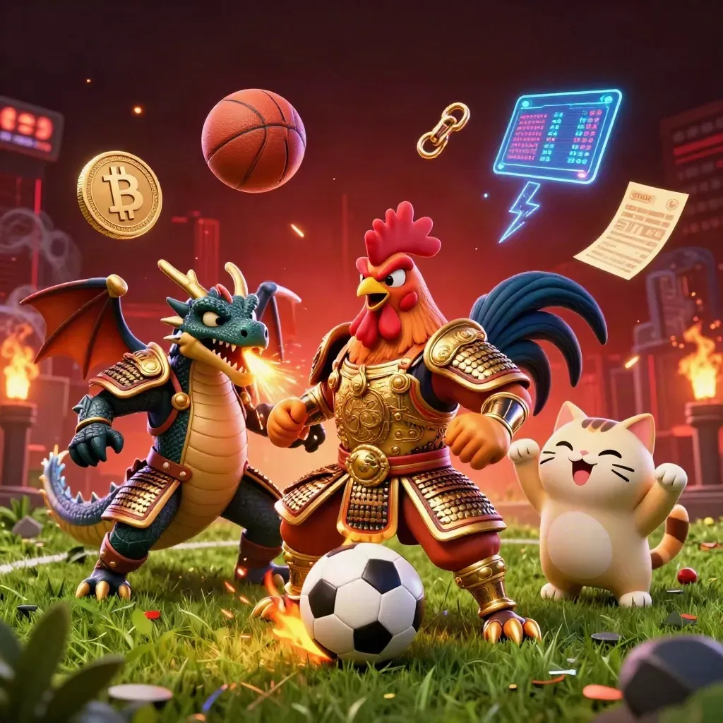 Rooster samurai, dragon hatchling and fortune-cat amid sports money bursts and neon casino lights.