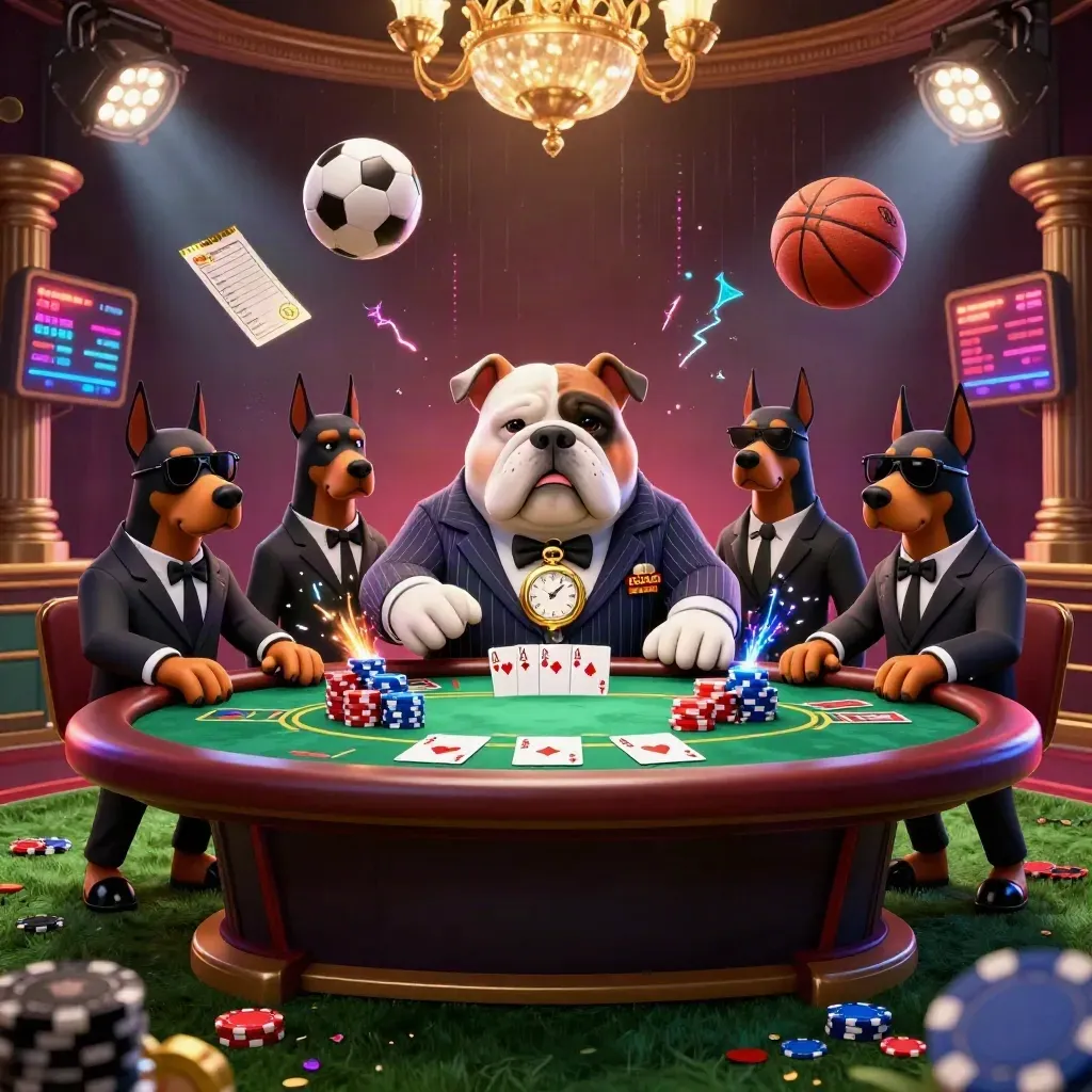 Bulldog casino bosses amid cards, chips, and frozen sports balls in neon luxe haze.