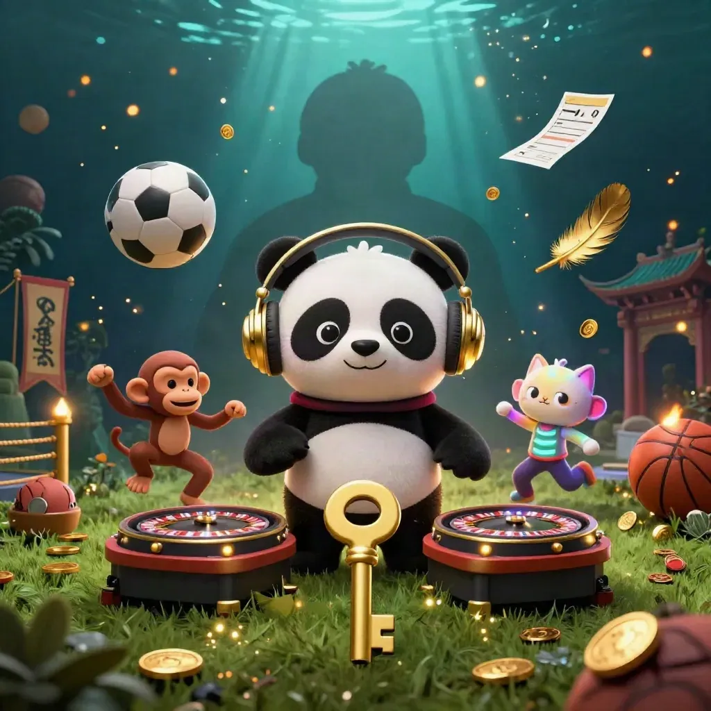 DJ panda, monkey, and glow kitten amid flying sports balls and casino gold at ground level