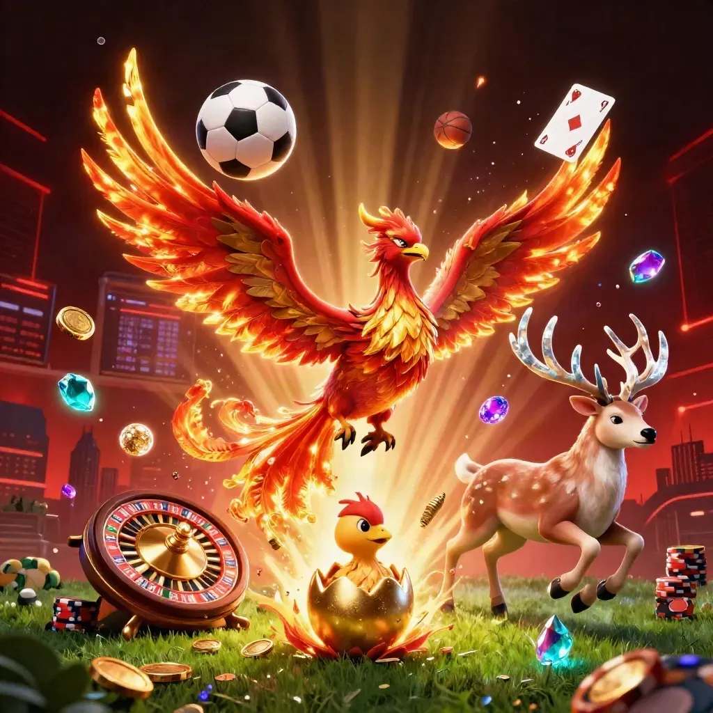 Phoenix and stag amid casino coins, roulette, cards, chips, and flying balls in neon light.