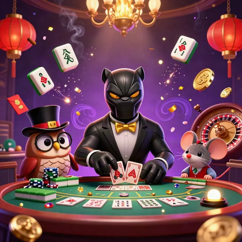 Cartoon panther, owl, and mouse at a luxe casino table with glowing game elements.