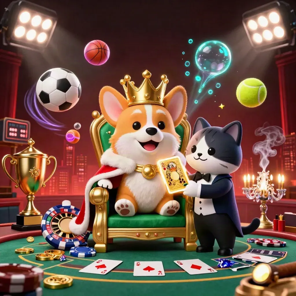 Royal corgi and cat butler in a neon casino scene with balls, coins, trophy, and glowing lights