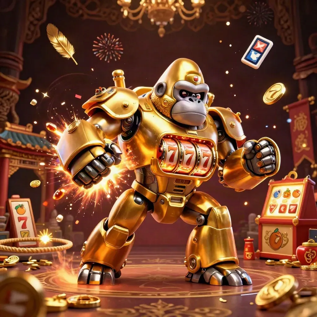 Golden gorilla mech with tiny monkey pilot blasts treasure, gems and casino magic in a luxe temple arena.