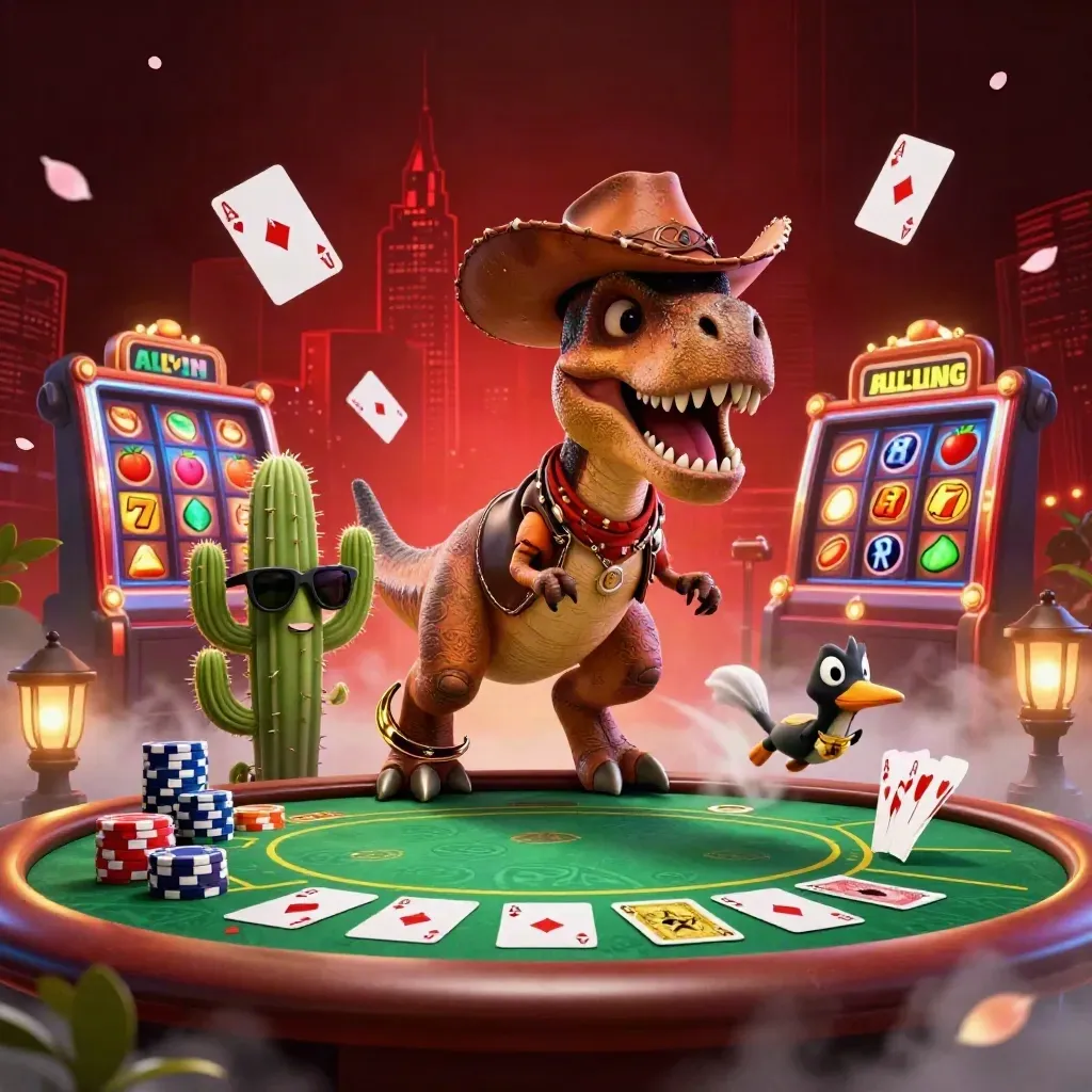 Cowboy T-Rex, cactus sidekick and sheriff roadrunner explode through casino poker chaos.