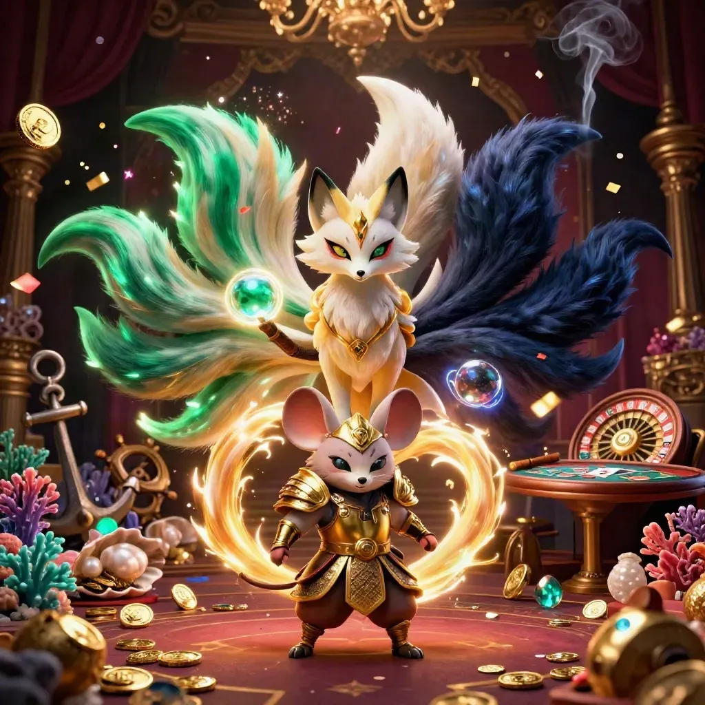 Fox spirit and golden samurai mouse in a luxe casino scene with treasure, cards, and glowing effects.