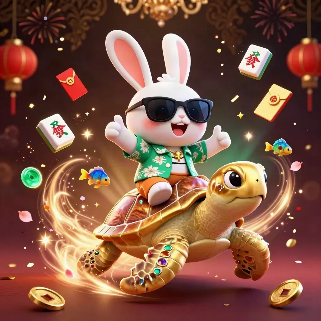 Lucky rabbit rides a golden sea turtle through treasure, lanterns, coins and fireworks