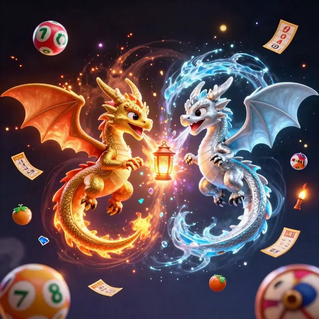 Twin gold and silver dragons spiral with fire and ice amid casino charms and emerald glow.