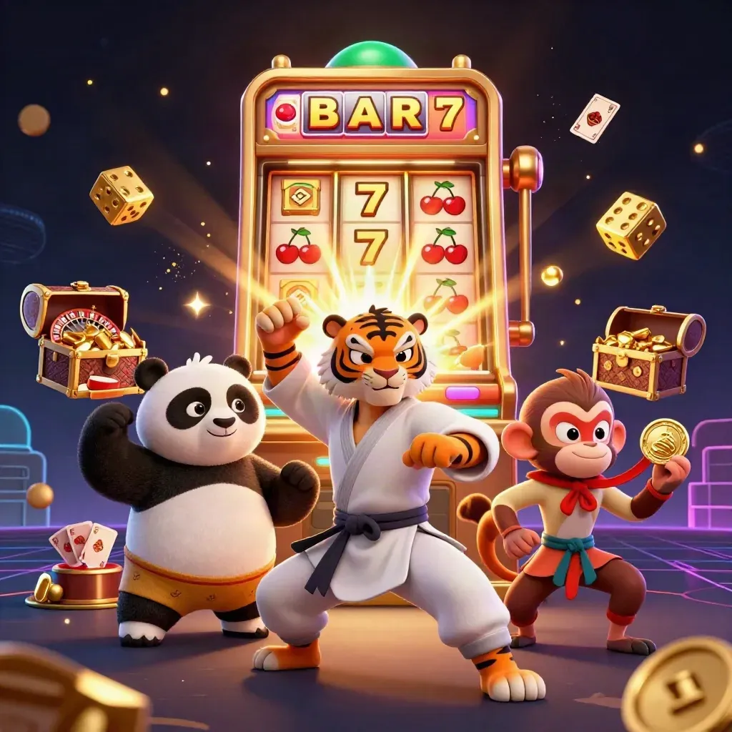 Kung-fu tiger, panda, and monkey amid slot jackpots, gold coins, and casino lights.