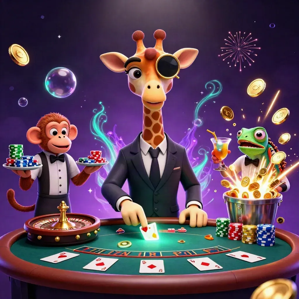 Giraffe, monkey valet, and chameleon bartender amid exploding coins, gems, and a spinning roulette wheel.