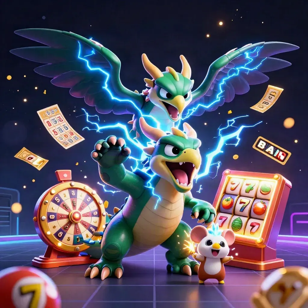Thunder dragon, glowing hawk and static mouse amid casino symbols on a dark neon background.