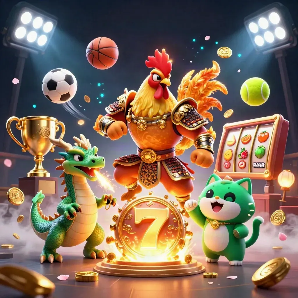 Rooster samurai, dragon hatchling and fortune cat amid casino sparks, coins and sports balls.