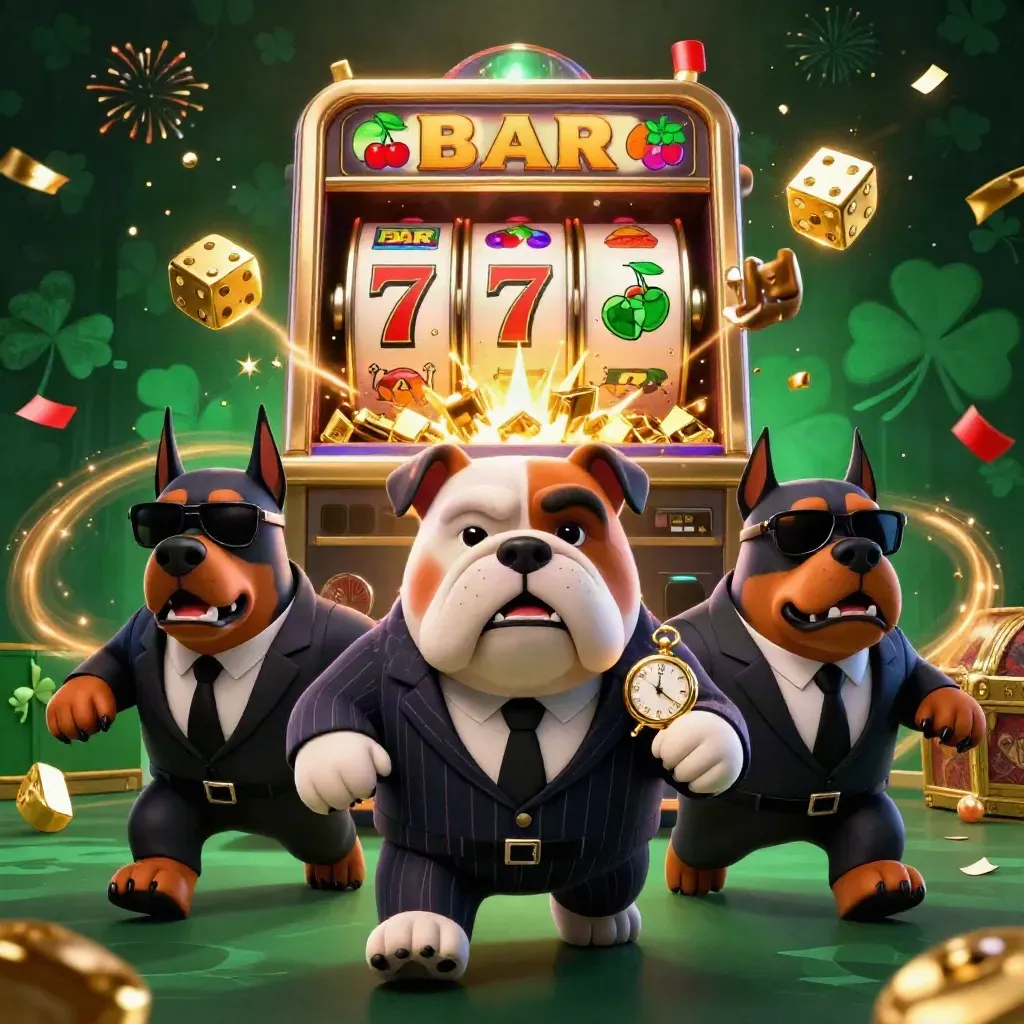 Cartoon bulldog mafia boss with two Dobermans amid slot machine jackpots and gold