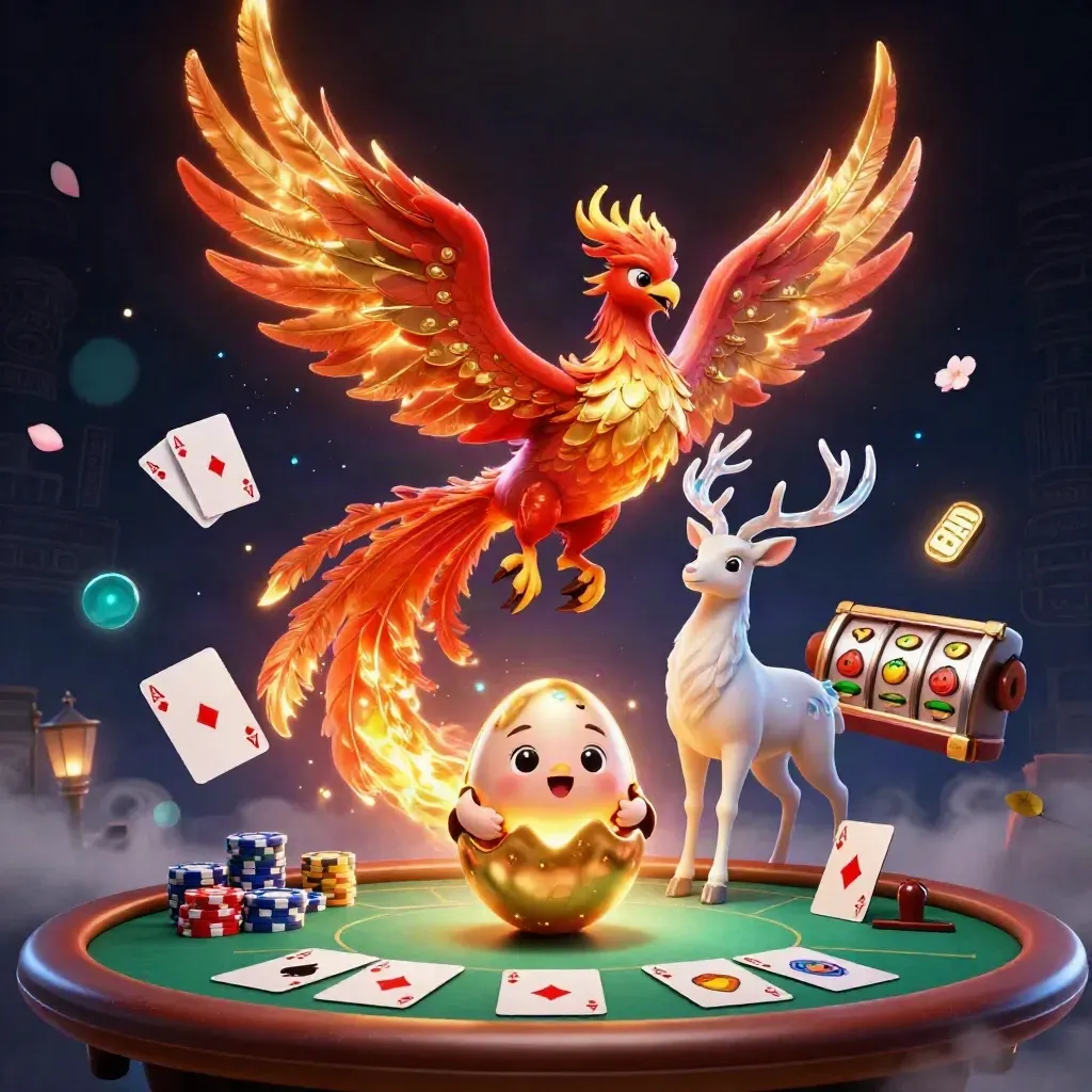 Fire phoenix, baby phoenix, and crystal stag over casino chips and cards in a dark luxe glow.