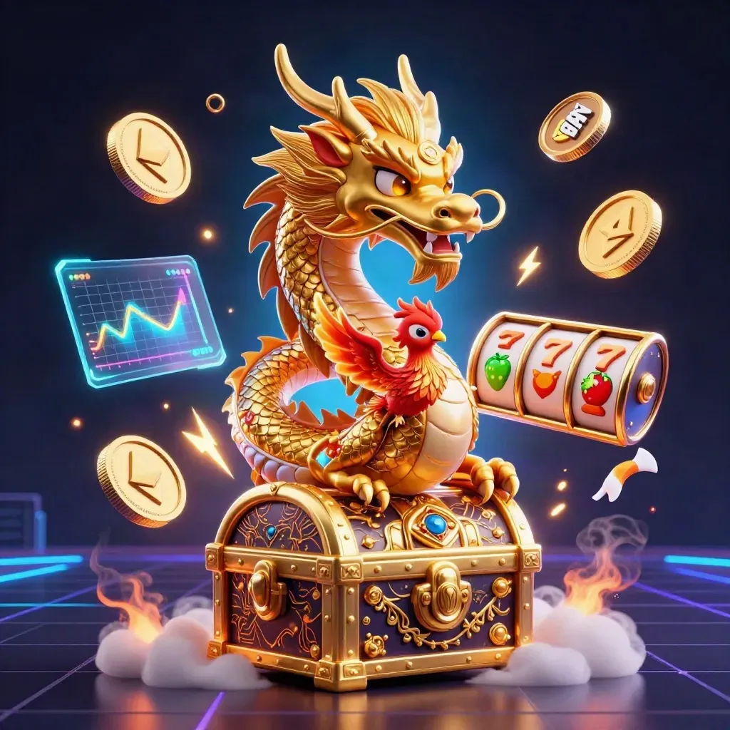 Golden dragon with phoenix, koi, coins and casino effects on a dark neon background.
