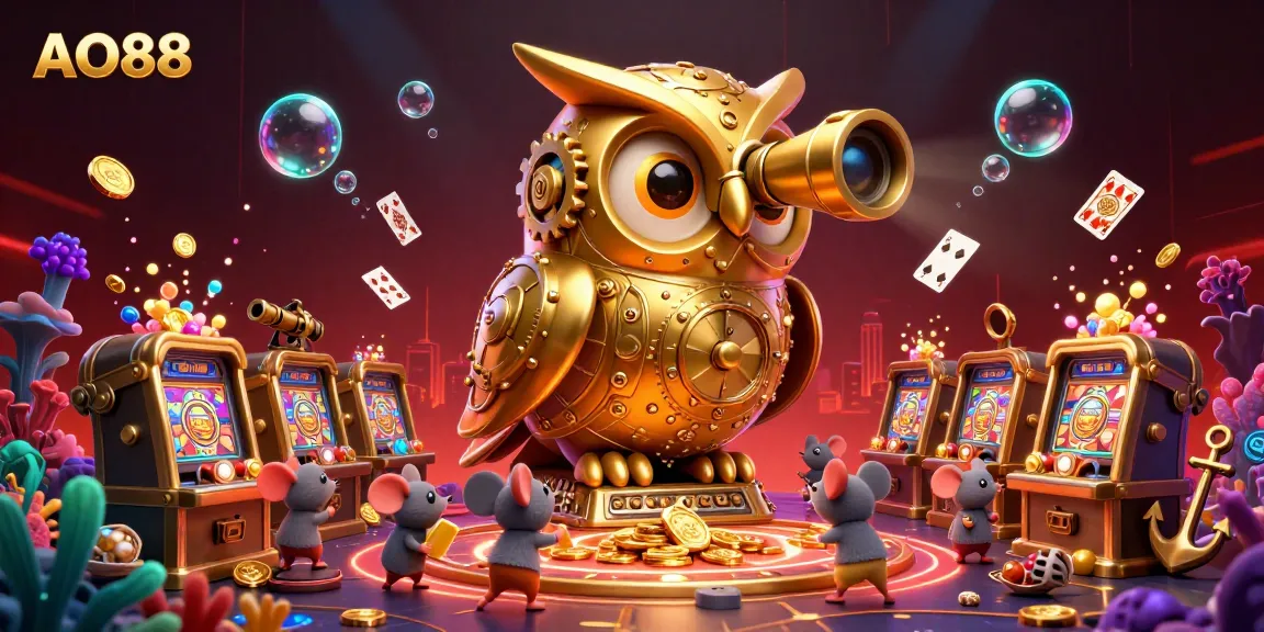 Engage in thrilling gaming adventures at AO88 with golden owl and whimsical mice amidst an enchanting casino.