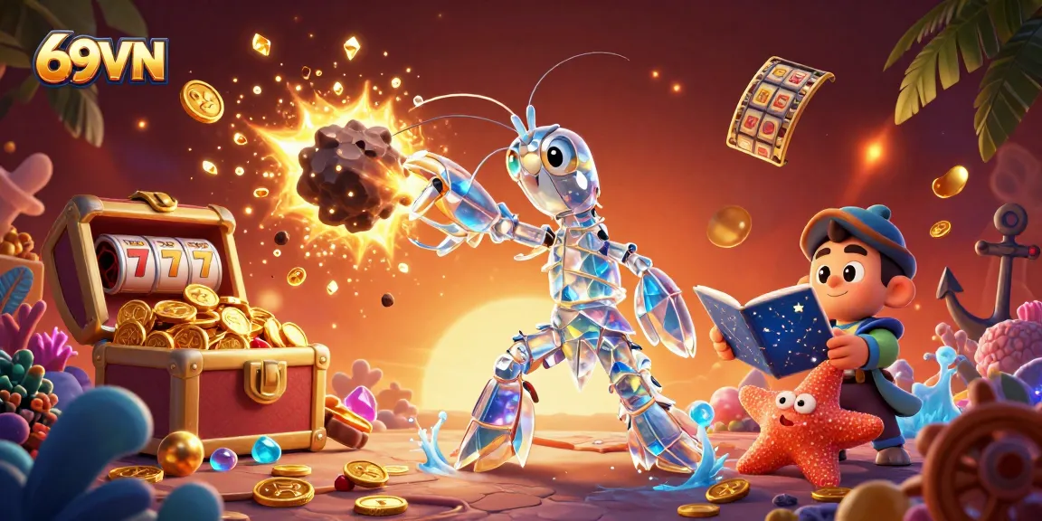 Play slots and win with 69VN's vibrant 3D casino illustration featuring dynamic characters and gems.