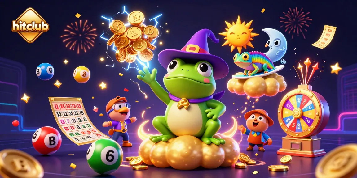 Experience thrilling wins at hitclub in this dynamic scene of a weather wizard frog amidst golden coins and lucky lottery balls.