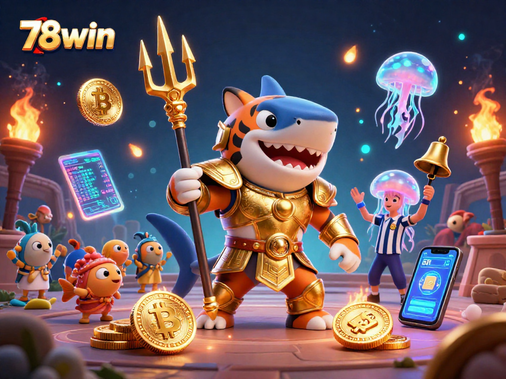 Experience excitement at 78win with a dynamic underwater gaming scene featuring a shark champion.