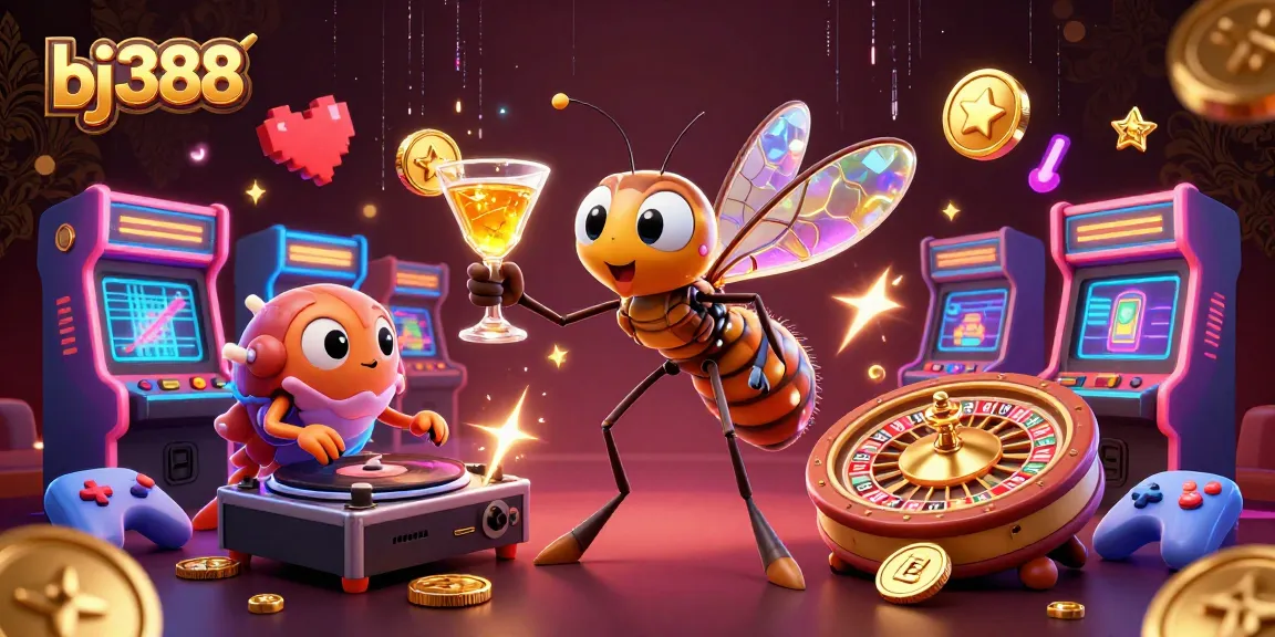Engage in thrilling gaming adventures with bj388, where a cartoon mosquito mascot, trilobite DJ, and roulette wheel create an exciting casino atmosphere.