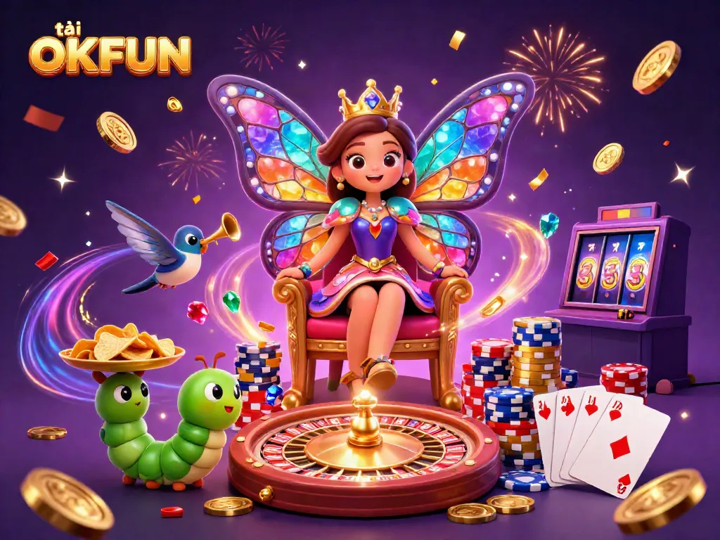 Win exciting rewards at OKFUN with a vibrant 3D casino illustration showcasing gems and golden coins.