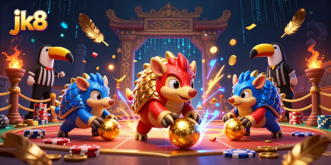 Engage in thrilling gameplay at jk8, where cartoon pangolins battle in a vibrant casino setting.