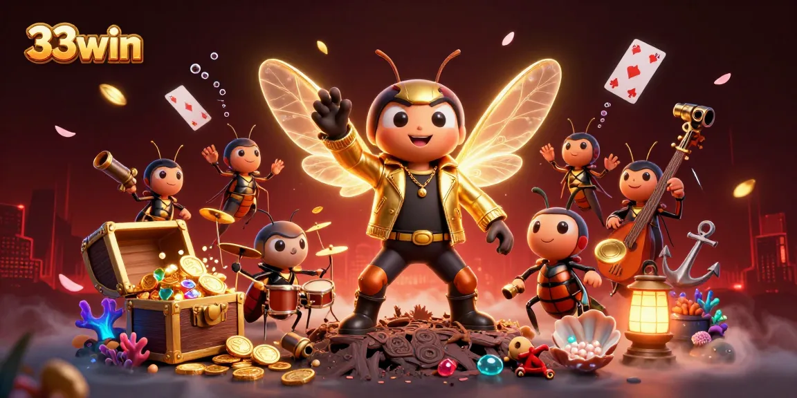 Experience the excitement of 33win with a vibrant 3D casino scene featuring a rock star and dynamic game elements.