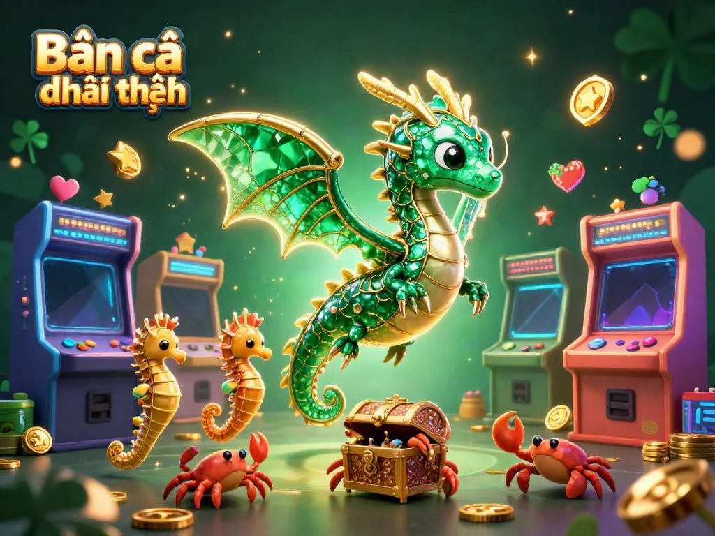 Bắn cá đổi thưởng illustrated scene featuring a sea dragon and treasure surrounded by arcade gaming elements