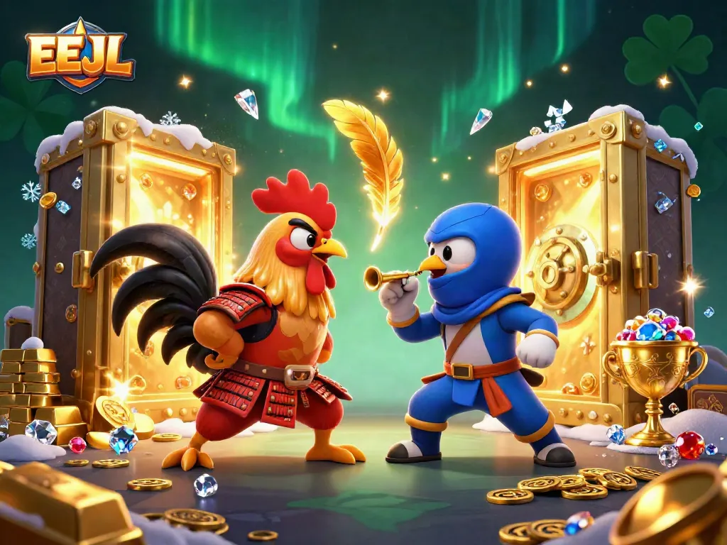 EEJL features a dynamic standoff between samurai and ninja roosters amid treasure and gems.