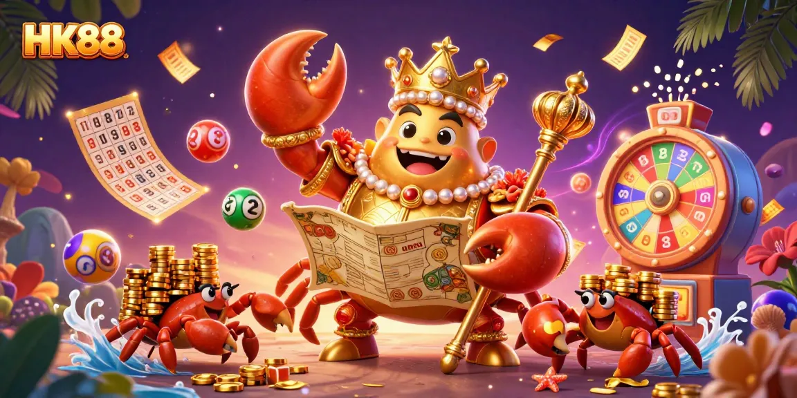 Join the excitement at HK88, where colorful lottery elements surround a golden crab emperor in a vibrant casino scene.