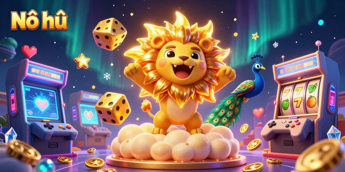 Nổ hũ vibrant scene showcasing a roaring lion, golden dice, and game elements in a dynamic casino atmosphere.