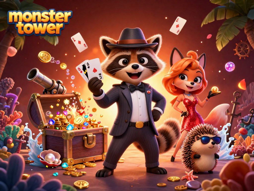 Master the monster tower with a suave raccoon, a glamorous fox, and a hedgehog bouncer in a vibrant casino scene.
