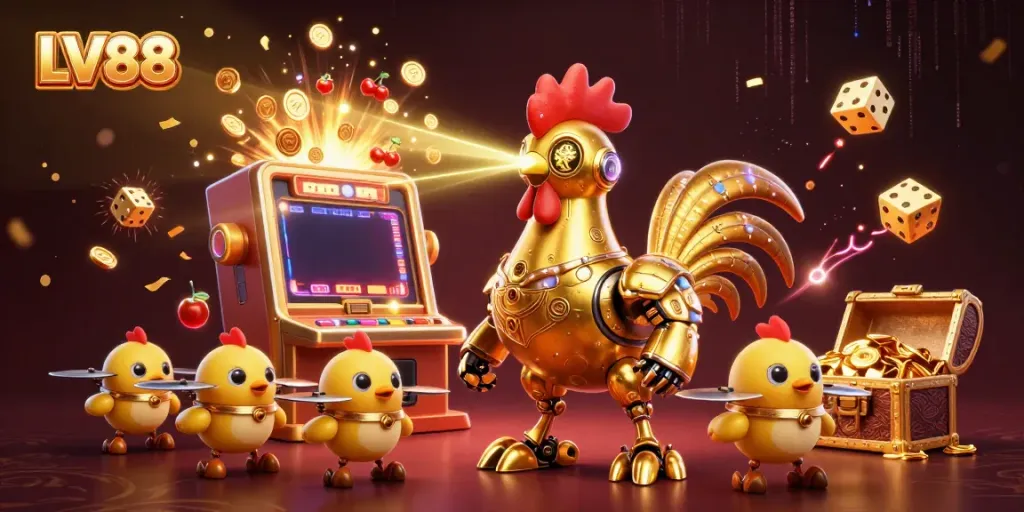 LV88's dynamic 3D casino scene shows a futuristic rooster robot amidst a jackpot explosion and vibrant game elements.
