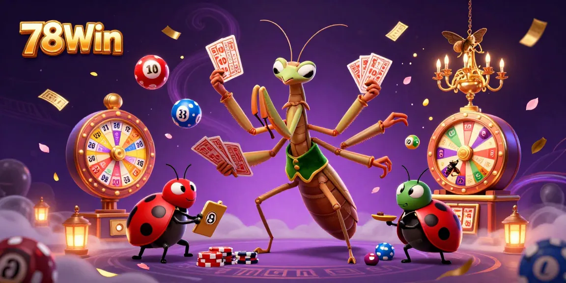Engage in thrilling gameplay at 78Win with a vibrant casino scene featuring dynamic lottery elements and animated characters.
