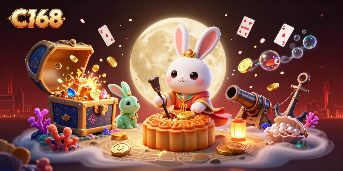C168 welcome scene showcasing a cartoon moon rabbit revealing poker chips in a dynamic casino environment.
