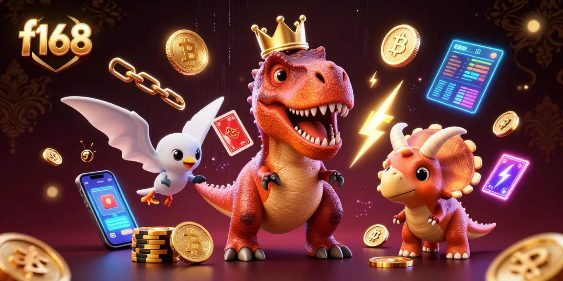 Experience exciting gaming at f168, where friendly dinosaurs gather around cards and chips in a vibrant casino.