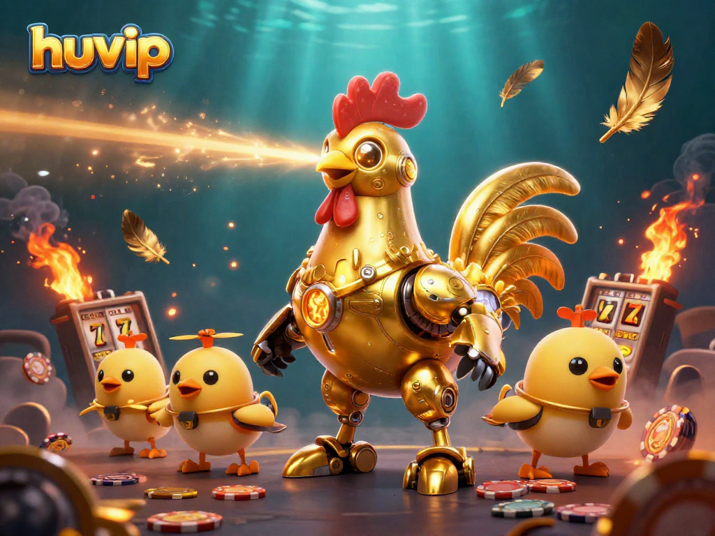Engage with huvip's vibrant gaming world featuring a golden rooster robot and playful drone chicks.